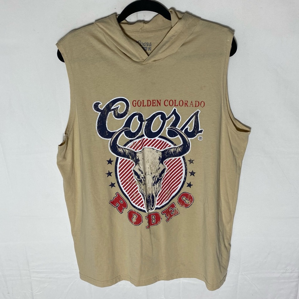 Coors Golden Colorado Rodeo Beige Sleeveless Graphic Tee Hooded Muscle Shirt XL
